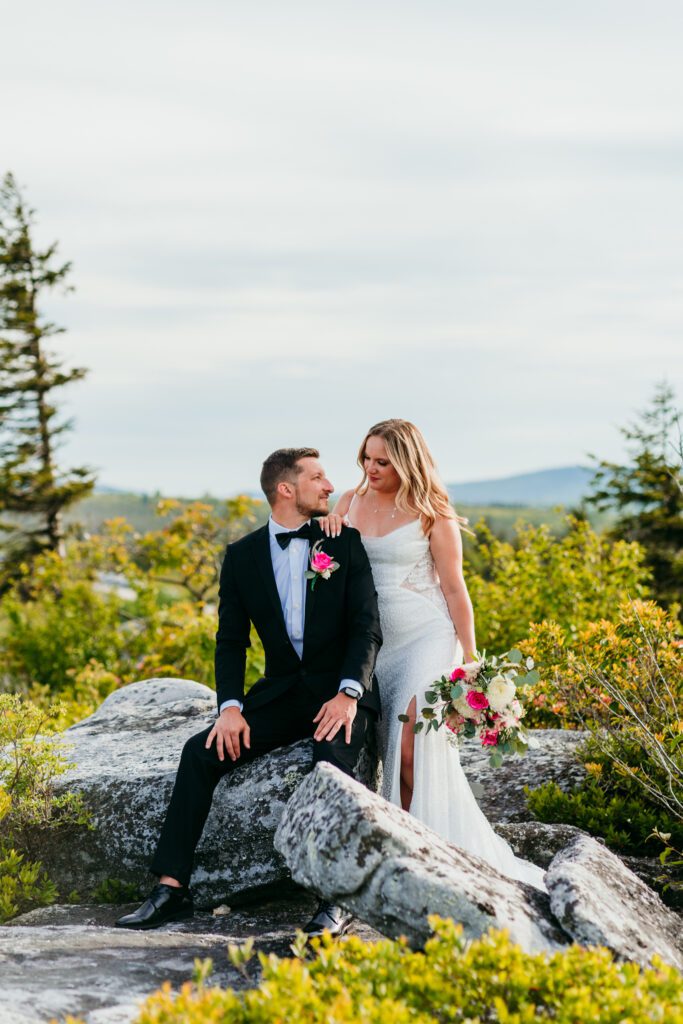Bride standing beside groom holding bouquet as he sits on a rock surrounded by wild mountain greenery of Dolly Sods