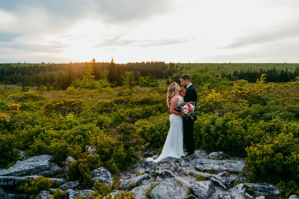 Bride and groom sharing a quiet moment at sunset in a wild, grassy field at Dolly Sods, surrounded by evergreens