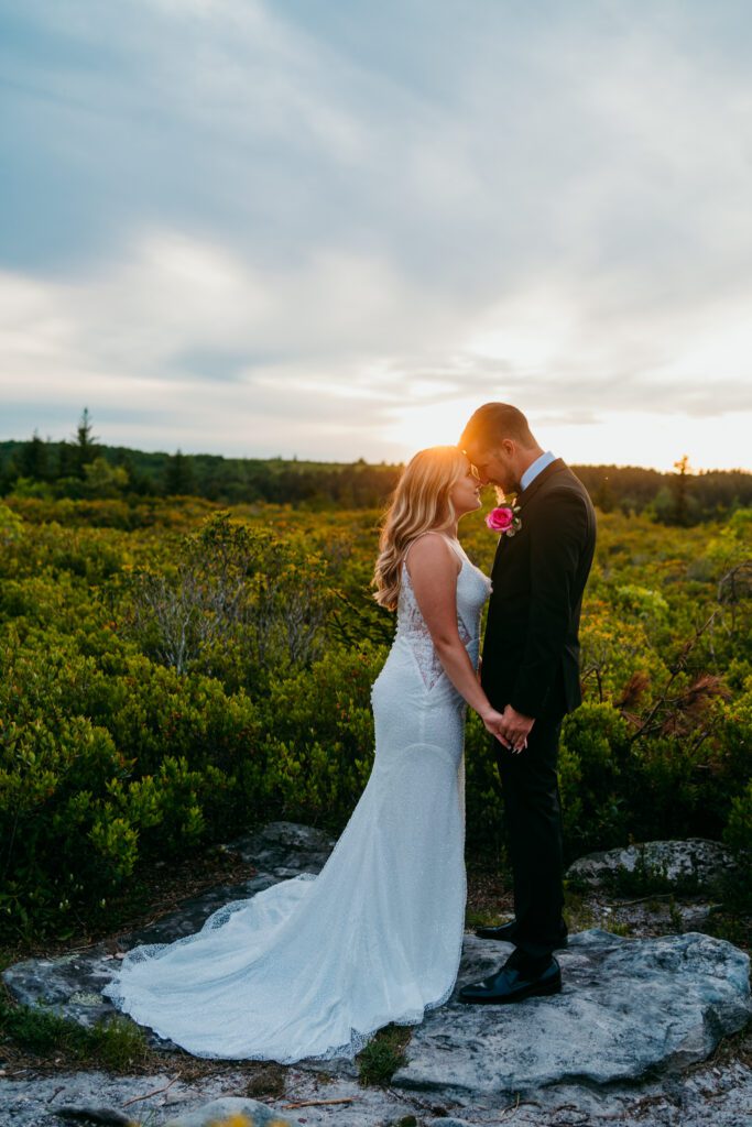  Bride and groom snuggle on rocky terrain with scenic Mountain views behind them during a romantic outdoor elopement in Dolly Sods West Virginia.
